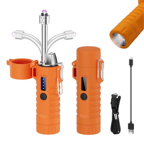 NINSI Electric Lighter, Flexible Neck Plasma Arc Lighter, USB C Rechargeable Lighters, Windproof and Waterproof Lighters with Flashlight for Candles, Hiking, Camping, Outdoor Adventure (Orange)