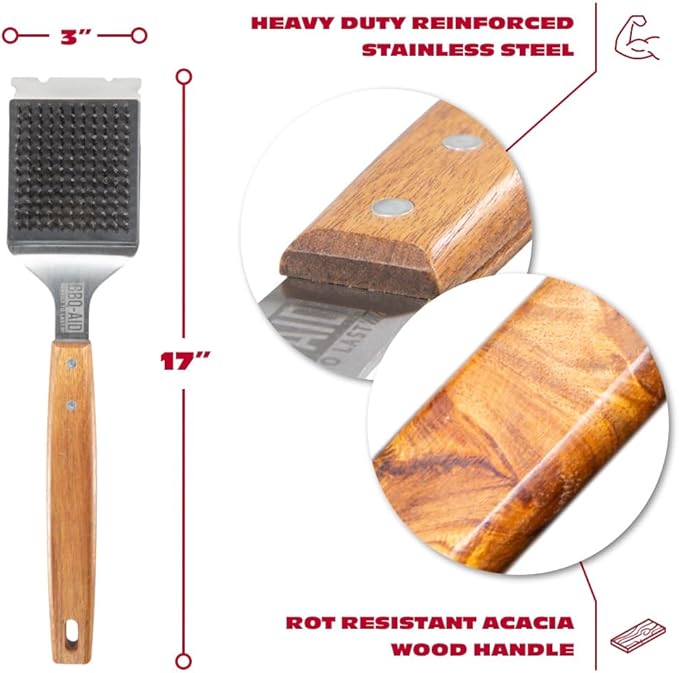 BBQ-Aid Grill Brush and Scraper for Barbecue – Grill Brush for Outdoor Grill with Extended, Large Wooden Handle and Replaceable Stainless Steel Bristles Head –No Scratch- BBQ Grill Brush for Any Grill
