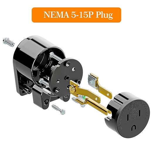 ETL Verified Nema 5-15P 90 Degree Right Angle Plug - 15A, 125V, Black, USA 3-Prong Right Angle AC Plug