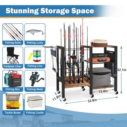 3-Tier Fishing Rod Holder, Garage Fishing Rod Rack, Fishing Rod Organizer for 12 Rods, Space Saving Fishing Pole Storage System for Garage Boat RV Basement, with Wheels Hooks and Storage Bag