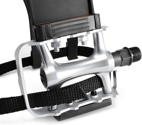 Bike Pedals with Clips and Straps for Outdoor Cycling and Indoor Stationary Bike 9/16-Inch Spindle Resin/Alloy Bicycle Pedals
