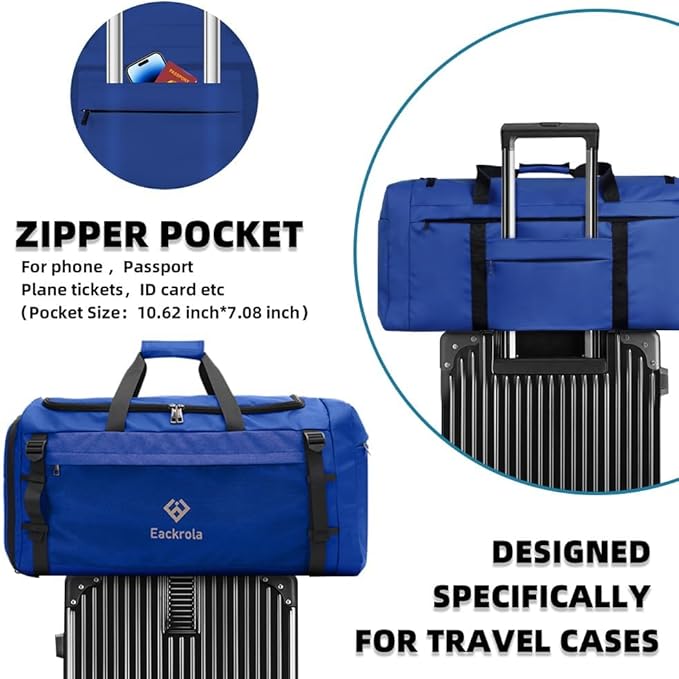 Eackrola Extra Large Sports Gym Bag, Travel Duffel bag with Wet Pocket & Shoes Compartment for men women, 85L, Lightweight （Blue）