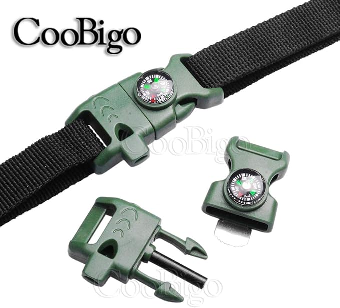 10Pack 5/8" Compass Whistle Buckle Plastic Paracord Bracelet Outdoor Camping Emergency Survival Travel Kits (OD Green)
