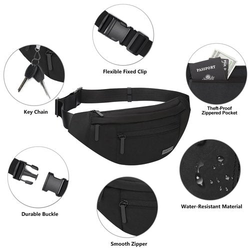 MAXTOP Large Crossbody Fanny Pack Waist Pack with 4-Zipper Pockets Hiking Travel Essentials for Women Men Belt Bag, for Hiking Running Travel Cycling,Black