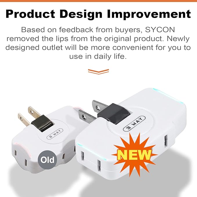 SYCON Outlet Wall Adapter, 2-Prong Swivel Ungrounded Indoor AC Mini Plug Wall Tap-White (3 Way-2 Pack)