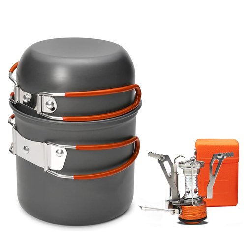 Quirkmyn 3PCS Camping Cookware Mess Kit with Lightweight Pot Mini Camp Stove and Carry Mesh Bag, Great for Backpacking Outdoor Camping, Hiking, Campfire and Picnic(Orange)