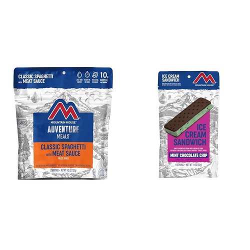 Mountain House Classic Spaghetti with Meat Sauce 2 Servings and Mint Chocolate Chip Ice Cream Sandwich 1 Serving Freeze Dried Backpacking & Camping Food