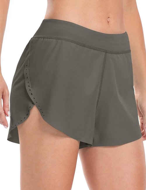 HeyNuts My Pace Running Shorts for Women, Mid Waisted Reflective Athletic Shorts Lined Workout Shorts 3" Grayish Green XS(0/2)