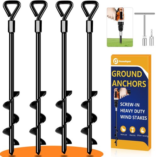 Ground Anchors Screw in Tent Stakes Heavy Duty Trampoline Stakes High Winds, Ground Anchors for Camping Tent, Canopies, Carports, Sheds, Swing Sets, Canopy Stakes Kit, Mobile Home Anchors 4 Pack