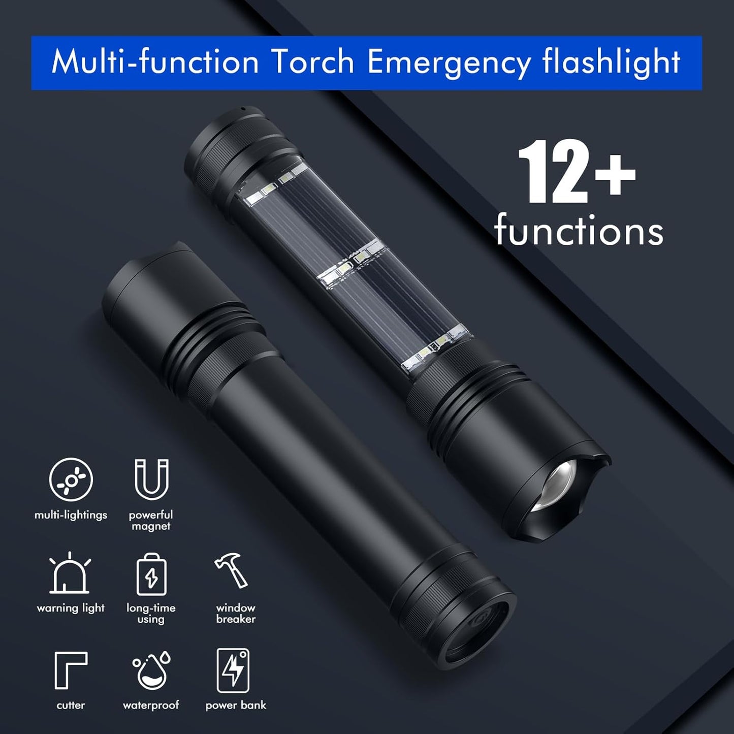 NPET T10 Car Flashlight 500 Lumens LED COB Light Solar Powered USB Rechargeable Tactical Multi-Function Torch Tool with 120dB Siren Window Breaker Seat Belt Cutter Compass for Camping