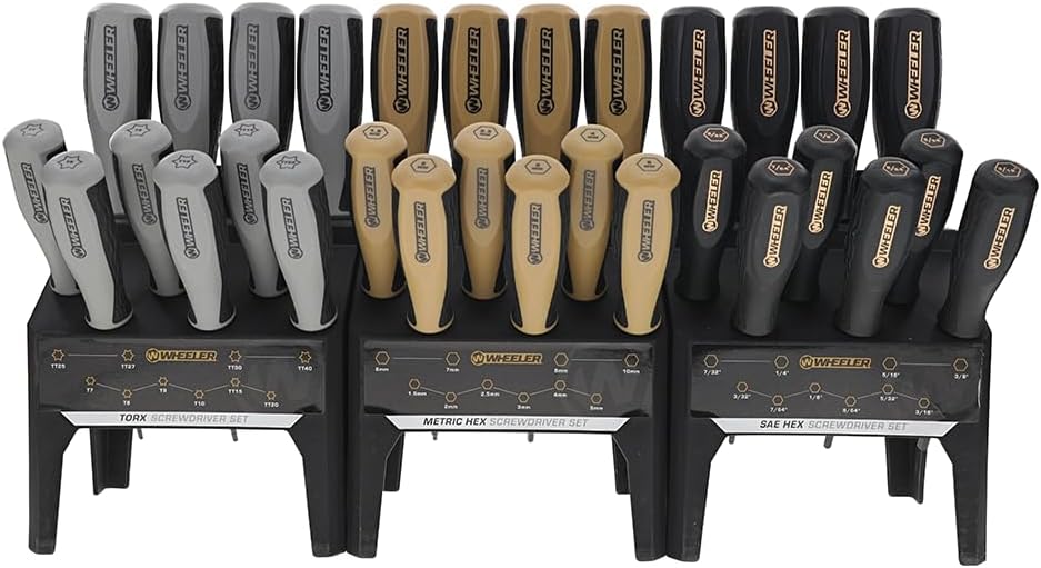 Wheeler 30 Piece SAE/Metric Hex and Torx P-Handle Set for Pistol Rifle Handgun Gunsmithing Rebuild and Maintenance, Black, Yellow, Gray