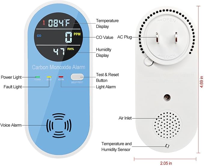 Travel Carbon Monoxide Detectors, AC Plug-in Carbon Monoxide Detector with LCD Digital Display, 3-in-1 CO Leak Detector, CO Alarm with Light & Voice Waring for Home (1 Pack)