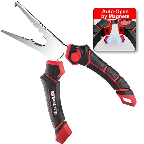 SNAIL TRAIL 7'' Fishing Pliers, Angled Head Split Ring Pliers, Auto-Open by Magnets, Corrosion Resistant Fish Hook Remover, Saltwater Crimping Shot