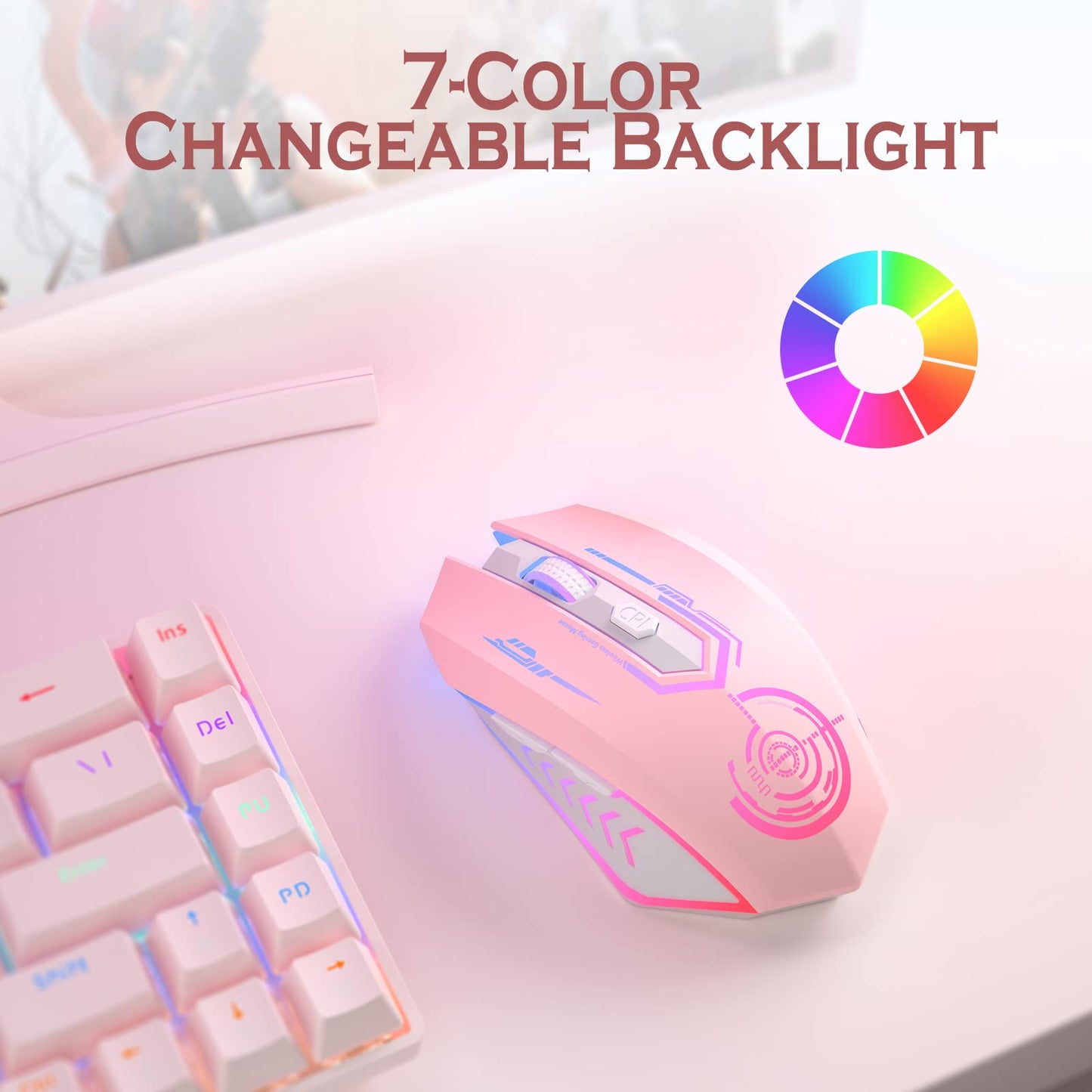 UHURU Wireless Gaming Mouse Up to 12000 DPI, Rechargeable USB-C Wireless Mouse with 7 Buttons 7 Dynamic LED Color Ergonomic Programmable MMO RPG for PC Laptop, Compatible with Windows Mac