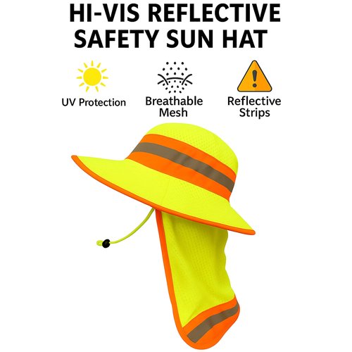 Men High Visibility Reflective Work Safety Sun Hat with Neck Flap Wide Brim Boonie UV Protection (US, Alpha, Medium, X-Large, 1pc Neon Lime)