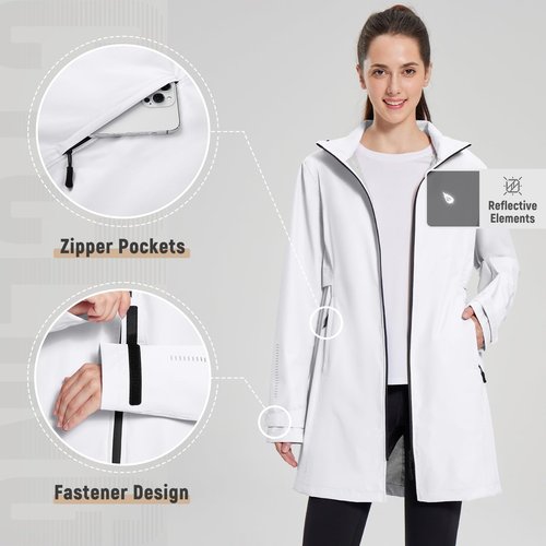 baleaf Women's Long Rain Coat Packable Waterproof Windbreaker Lightweight Cycling Jacket with Hood White M