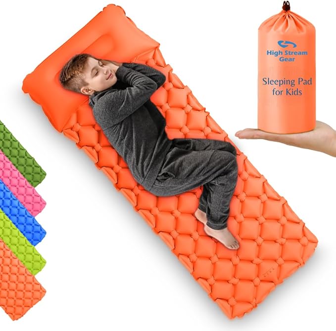 Kids Sleeping Pad for Camping and Sleepovers with Pillow, Inflatable Camping Mattress for Backpacking & Travel, Thick Toddler Cot Mat, Fast Inflating Camping Sleeping Pads for Kids