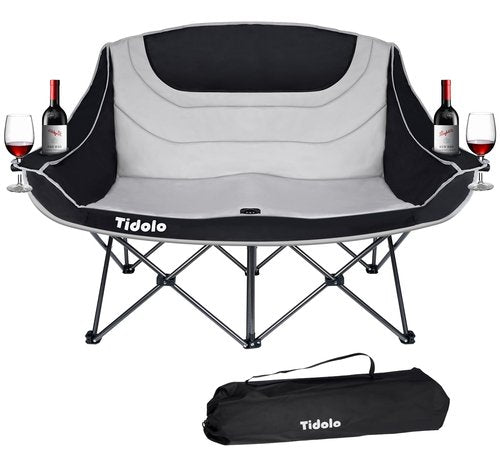 Double Camping Chairs, Oversized Loveseat Camping Chairs for Adults, Outdoor Folding Chairs Lawn Chairs Camping Couch with Cup Holder & Wine Glass Holder for Outside - Support 600Lbs (Grey)