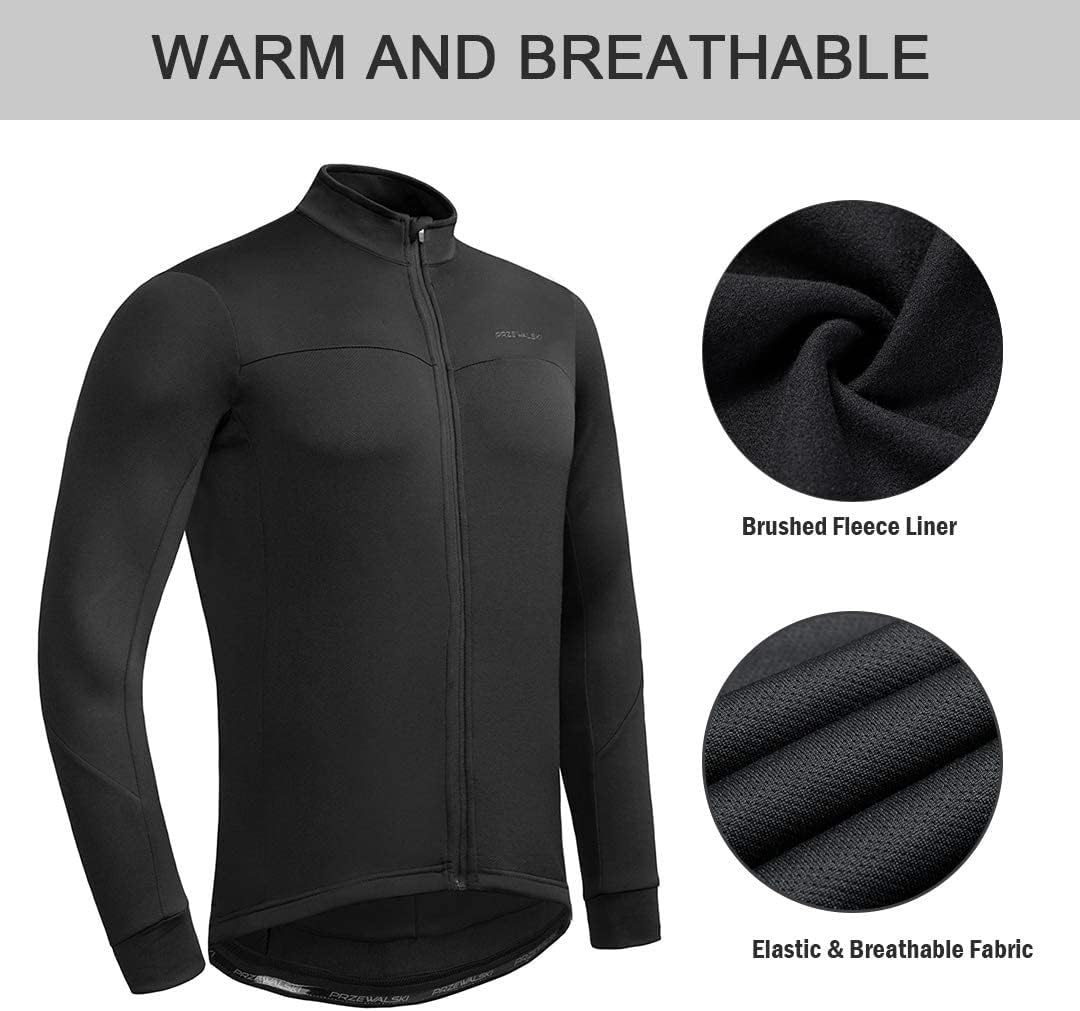 Przewalski Men's Cycling Jersey Winter Thermal Long Sleeve Fleece Cycling Jacket with 3 Rear Pockets