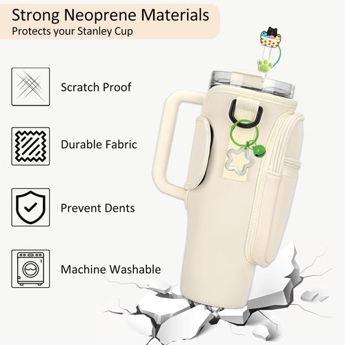 FYD Water Bottle Carrier Bag for Stanley 40oz Tumbler with Phone Pocket Neoprene Water Bottle Holder Pouch with Adjustable Strap, Straw Cover & Keychain for Stanley Cup Accessories (Beige)