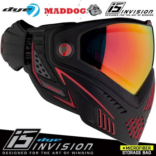 Maddog Dye i5 Thermal Dual-Pane Anti-Fog Lens Paintball Airsoft Mask Goggle System Combo with Microfiber Storage Bag | High Performance Safety Certified Protection - Fire 2.0 - Black/Red