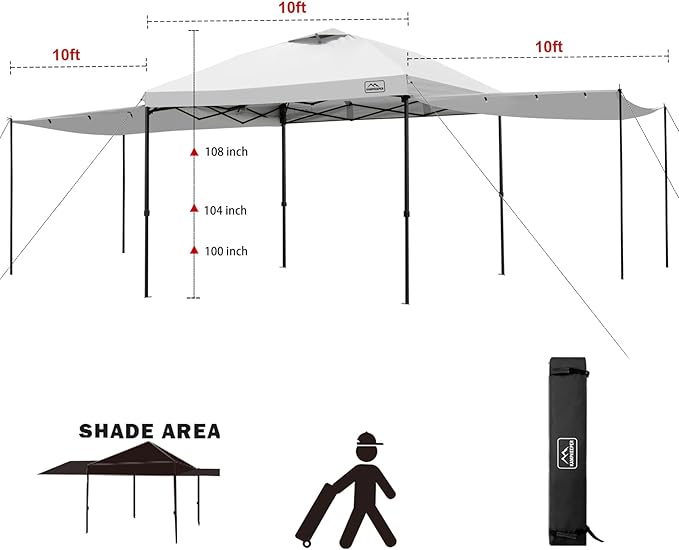 KAMPKEEPER 10x10 pop up Canopy Tent with 2 sidewalls Silver-Coated,Outdoor Canopy Tent for Parties with 2 Shelters,with 4 Poles, 4 Sandbags, 8 Ropes,12 Stakes,and 1 Roller Bags
