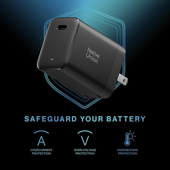 Native Union Fast GaN Charger PD 45W – Ultra-Compact Power Delivery Enabled USB-C – Made of Recycled Materials – for MacBook Air, iPads, iPhones, Pixel, Galaxy & Other USB-C Devices (Black)