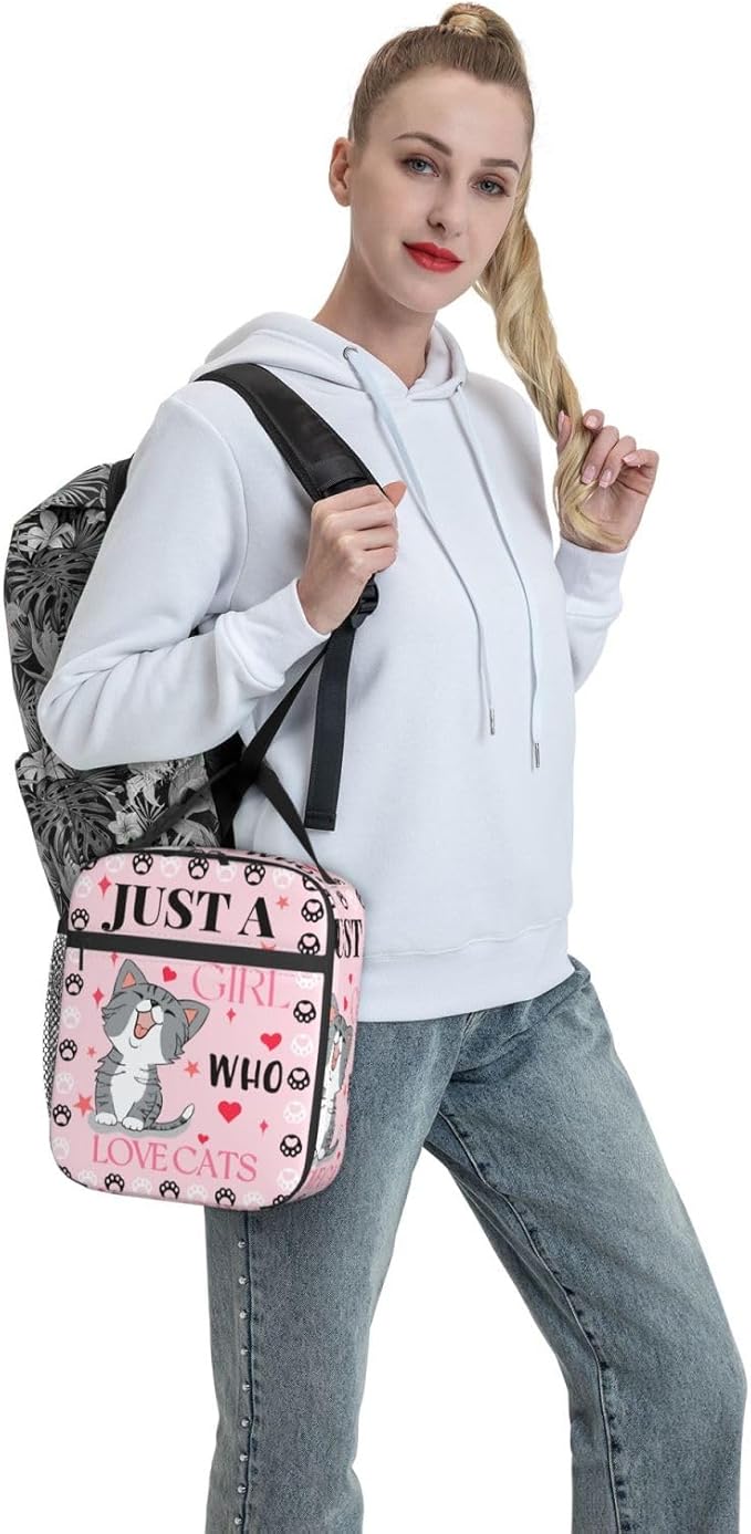 Cute Cat Pink Lunch Bag Large Capacity Heat Insulated Lunch Box, Just A Girl Who Loves Cats Leakproof Durable Portable Reusable Handbags Thermal Cooler Tote Bag for School