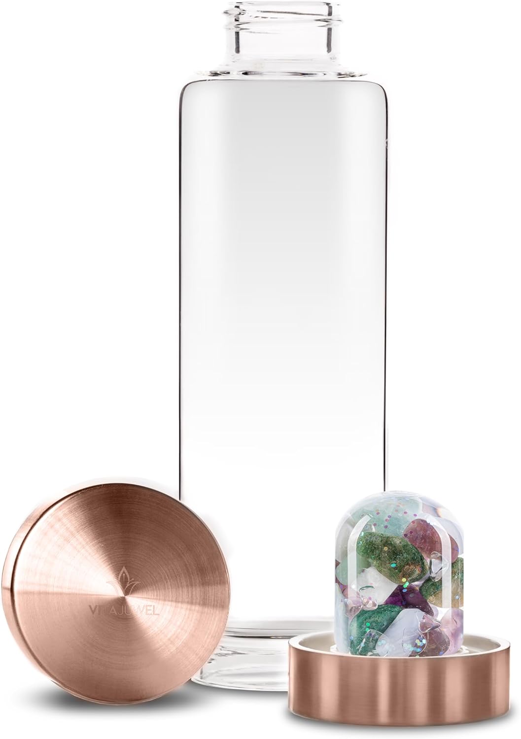 VitaJuwel ViA LUNA | Crystal Water Bottle with Rainbow Moonstone and Clear Quartz for Intuition, Empathy, Femininity