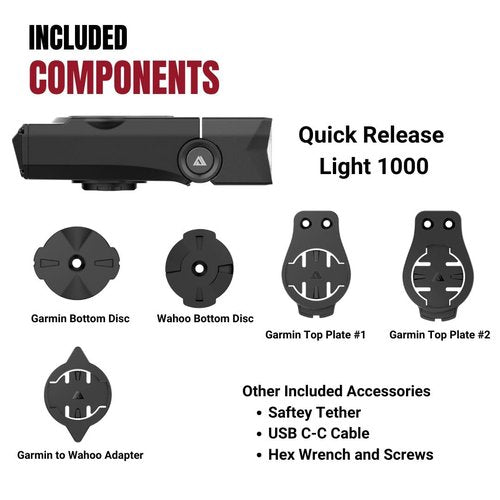 Quick Release 1000 Lumen Bike Front Light by KOM Cycling - Designed for Wahoo and Garmin Mounts with Quarter Turn - 6 Modes, Top or Bottom Mounting, 30 Degree Hinge