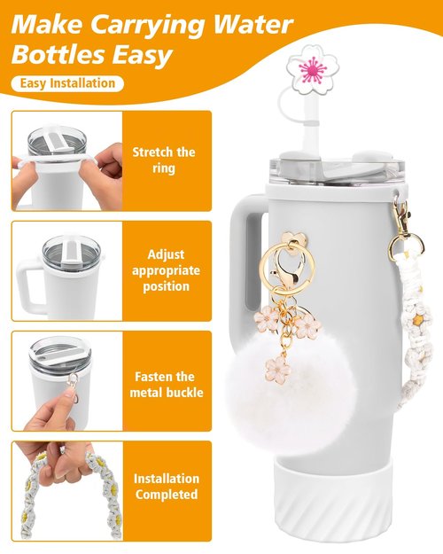 Stanley Cup Accessories Set - Silicone Boot for 40/30 oz Quencher Adventure Tumbler, Water Bottle Handle Strap, Charms for 40oz Cup (White)