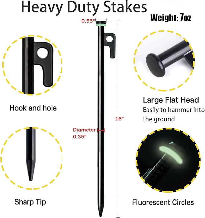 16 Pack Tent Stakes with Hammer,16in Heavy Duty Tent Stakes + 12in Tent Stakes Hammer+Storage Pouch, Forged Steel Tent Stakes for Camping Used on Rocks, Grassland(16Pcs 16in Tent Stakes+Hammer)