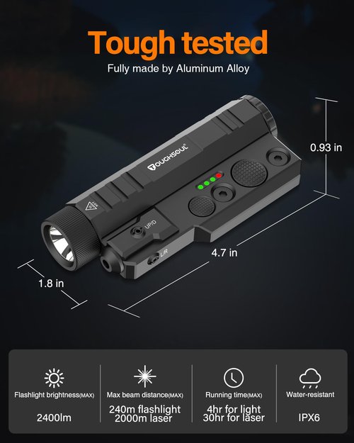 TOUGHSOUL Mlok Picatinny Tactical Flashlight Laser Sight Combo, 2400 Lumen Max Light with Green Laser, Momentary Strobe Function Rchargeable Battery Included