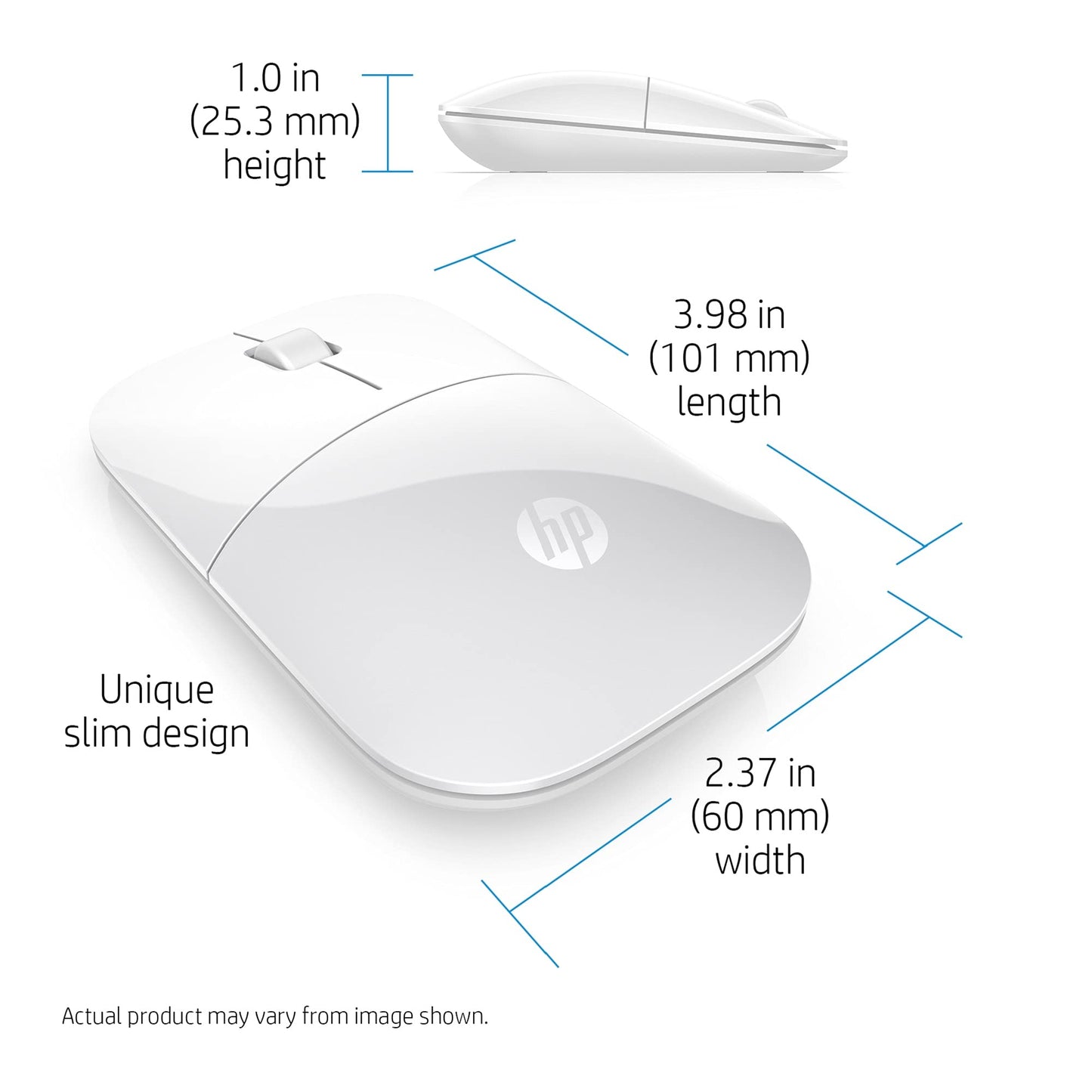 HP Wireless Mouse Z3700 (26V63AA#ABL, Black), Dimensions (mm) : 101 x 60 x 25.3