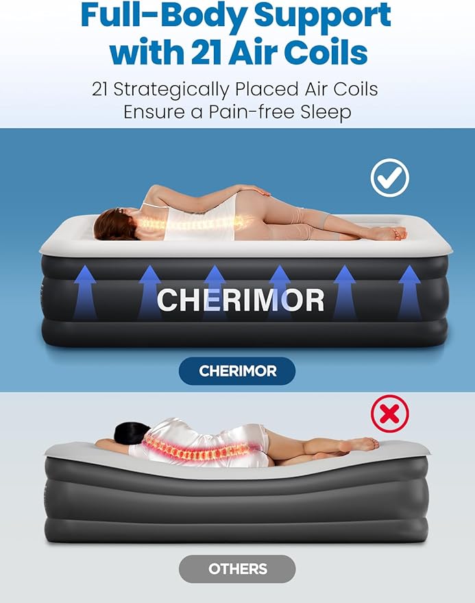 Twin XL Air Mattress with Built-in Pump, 18" Raised Comfort, 80“ Length, 48Hr Leak-Proof Test, Upgraded Honeycomb Pillar Design, Supports 500 lbs, 2-Min Inflation for Home, Guests & Camping