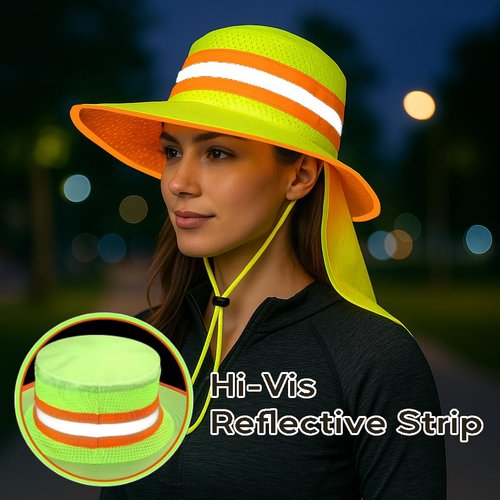 Men High Visibility Reflective Work Safety Sun Hat with Neck Flap Wide Brim Boonie UV Protection (US, Alpha, Medium, X-Large, 1pc Neon Lime)