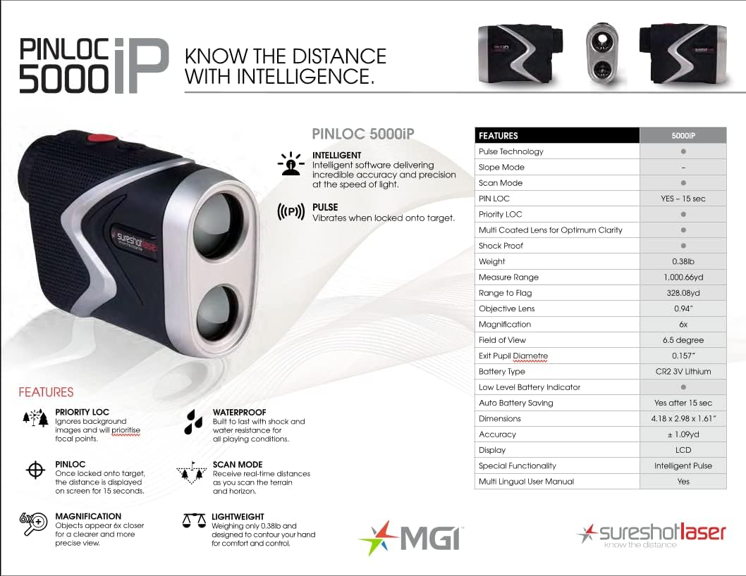 MGI Sureshot Rangefinder Golf - 5000 Series - Know The Distance - Lightweight - Water Resistant - Protective Case - Battery Included