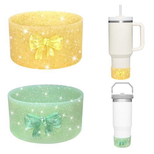 VirgoCCY 2 Pack Bling Glitter Silicone Boot for Stanley Cup 30&40 Oz, 3D Cute Bow Design, Anti Slip Bottom Cover Bumper for Stanley IceFlow 20/30 oz, for Owala Tumbler 40 oz, Green+Yellow