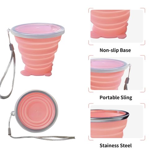 Collapsible Cup-Silicone Small Foldable Cups-Expandable Folding Drinking Cups-Reusable Portable Mugs-Cup with Lids For Travel, Camping, Hiking, Holiday, Outdoor Sports, Indoors (Pink+Green)