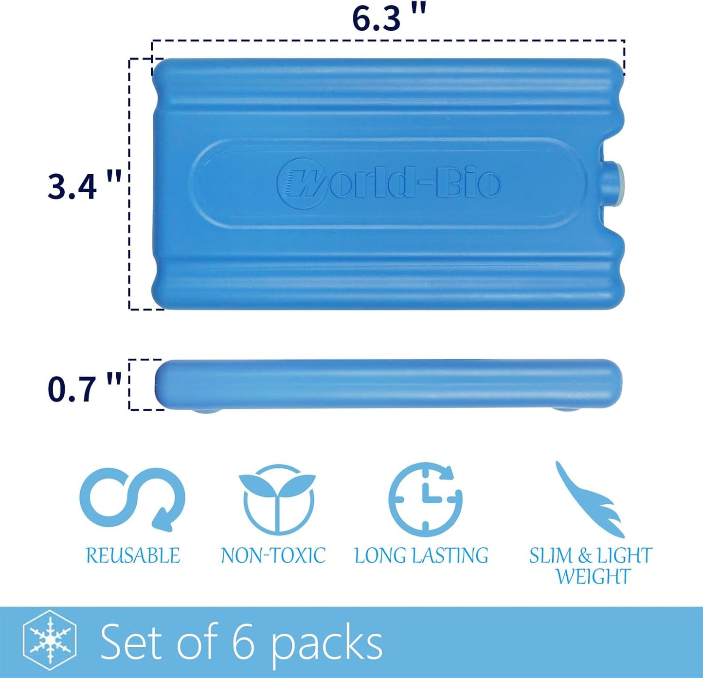 WORLD-BIO Ice Packs for Cooler, Reusable Freezer Packs for Lunch Box, Lunch Bag, Long Lasting Cold Pack for Work, School, Picnic, Camping, Fishing and More, Keep Beverages Foods Cold & Fresh