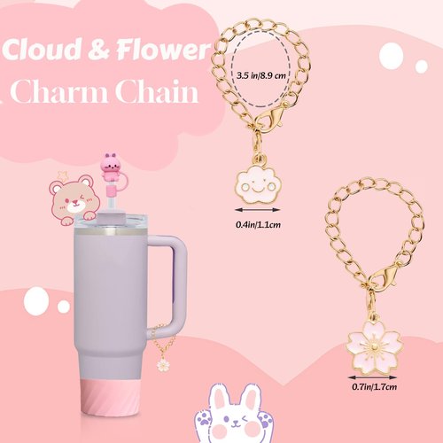 Cup Accessories Set For Stanley, Silicone Spill Stopper Set, Including 2 Cute Straw Cover Cap, 2 Square and Round Spill Stopper, 2 Cute Charms Chain (Pink A)