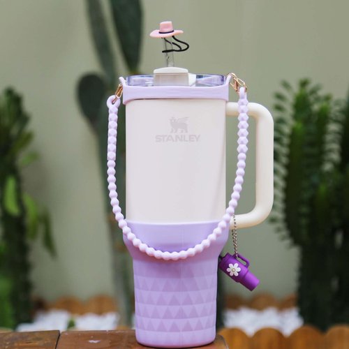 High Silicone Boot for Stanley 40oz Tumbler Accessories, Protective Water Bottle Bottom, Compatible with Stanley Quencher 40oz Only, 1PC Water Bottle Handle, 3PCS Straw Cover Caps (Purple)
