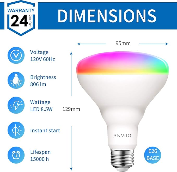 ANWIO Smart Light Bulb BR30 RGB Color Changing LED WiFi Dimmable Multicolor Light Bulbs E26 Base, Compatible with Alexa, Google Assistant, No Hub Required, 650 Lumen 8.5W (60W Equivalent) 4 Pack