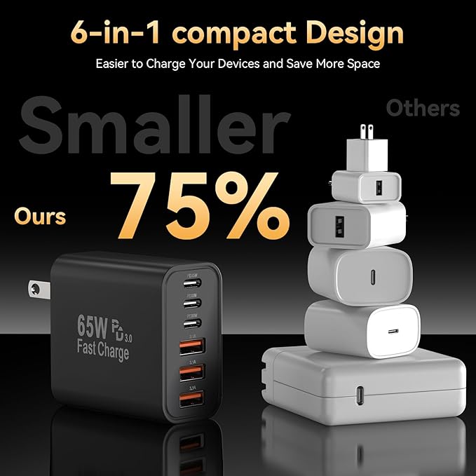 USB C Charger Block, 65W USBC Wall Charging Blocks 6-Port PD & QC Power Adapter Multiport Type C Fast Chargers Plug Cube Brick for iPhone 16/15/14/13/12/Pro Max,iPad Pro,Samsung Galaxy S25 Black
