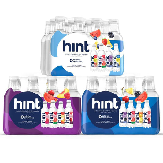 Hint Blue, White, and Purple Variety Packs - Purified Flavored Water, Zero Calories, Sugar Free, Natural Flavors - 16 Fl Oz (Pack of 36) Still Bottled Water