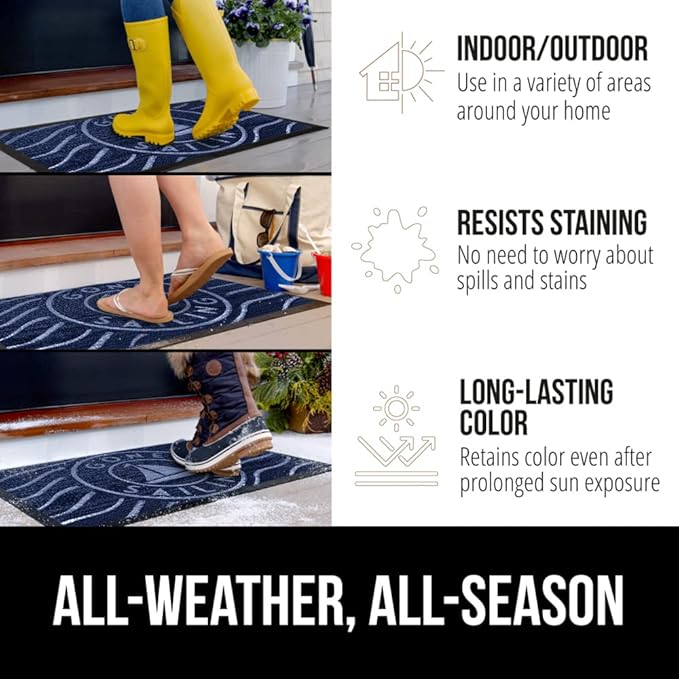 GORILLA GRIP 100% Waterproof All-Season WeatherMax Doormat, Durable Natural Rubber, Stain and Fade Resistant, Low Profile, Indoor Outdoor Door Mats, Easy Clean Patio Entrance Mat, 17x29, Blue Sailing