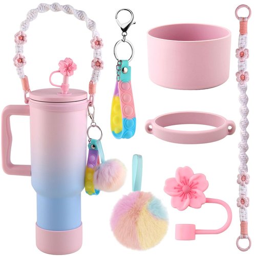 6-Pieces Stanley Cup Accessories Set, Water Bottle Handle Strap,Siliocne Stanley Cup Boot,Siliocne Straw Cover, Silicon Pressure reducing Accessories for Stanley Cup 40 30 oz Tumbler (Pink)