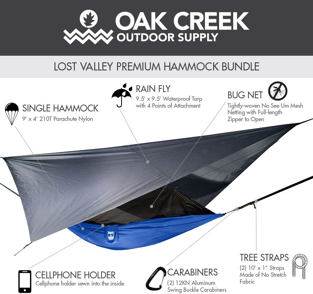 Oak Creek Lost Valley Camping Hammock. Bundle Includes Mosquito Net, Rain Fly, Tree Straps, Compression Sack. Weighs Four Pounds, Perfect for Camping. Lightweight Nylon Single Hammock. Blue and Gray