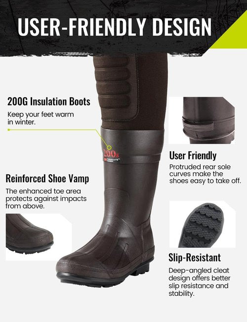 TIDEWE Hunting Waders with 200G Insulation Rubber Boots, Waterproof Cleated Neoprene Bootfoot Fishing Chest Waders (Size 11)