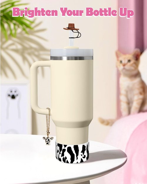 Toykee Cup Boot with Accessories for Stanley 40 30 oz - West Cowboy Straw Toppers Cover Cow Print Bottom Protector Leak Proof Lid Spill Stopper Sets, and Keychain Charms for Tumbler